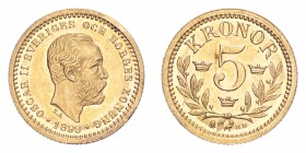 SWEDEN. Oscar II, 1872-1907. Gold 5 Kronor 1899, Stockholm. 2.24 g. Ahlstrom 39. Extremely fine.