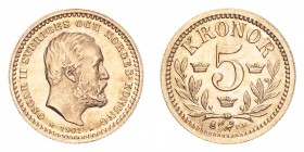 SWEDEN. Oscar II, 1872-1907. Gold 5 Kronor 1901, Stockholm. 2.24 g. Ahlstrom 40. Choice uncirculated.