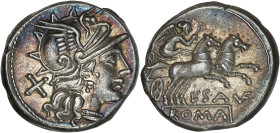 RÉPUBLIQUE ROMAINE
L. Saufeius. Denier 152 av. J.-C., Rome. RRC.204/1 ; Argent - 4,15 g
Belle patine. Superbe.