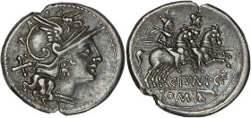 RÉPUBLIQUE ROMAINE
C. Iunius C.f. Denier ND (149 av. J.-C.), Rome. RRC.210/1 ; Argent - 3,58 g - 19 mm - 6 h
Superbe.