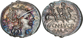 RÉPUBLIQUE ROMAINE
Cn. Lucretius Trio. Denier ND (136 av. J.-C.), Rome. RRC.237/1a ; Argent - 3,96 g - 19 mm - 6 h
Superbe à Fleur de coin.