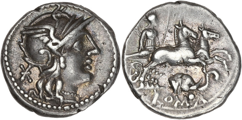 RÉPUBLIQUE ROMAINE
Anonymes. Denier, avec tête d’éléphant ND (128 av. J.-C.), Ro...