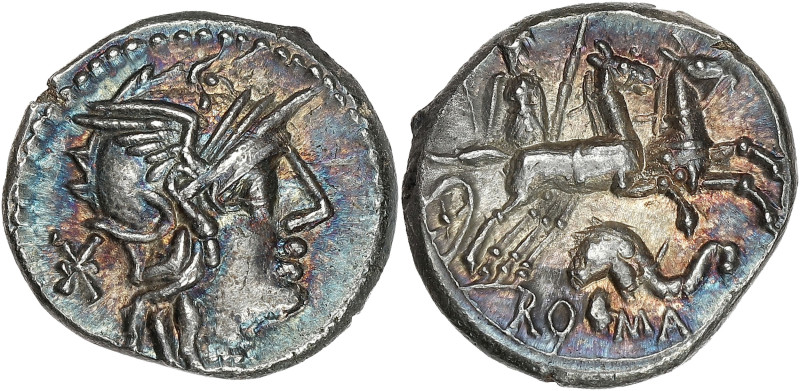 RÉPUBLIQUE ROMAINE
Anonymes. Denier, avec tête d’éléphant ND (128 av. J.-C.), Ro...