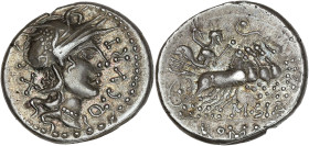 RÉPUBLIQUE ROMAINE
Q. Curti. Denier ND (116-115 av. J.-C.), Rome. RRC.285/2 ; Argent - 3,92 g - 18 mm - 8 h
Belle patine. Superbe.