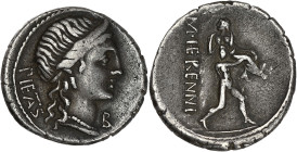 RÉPUBLIQUE ROMAINE
Herennia, Marcus Herennius. Denier ND (108-107 av. J.-C.), Rome. RRC.308/1a ; Argent - 3,54 g - 18 mm - 7 h
Avec B de contrôle au d...