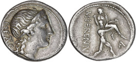 RÉPUBLIQUE ROMAINE
Herennia, Marcus Herennius. Denier ND (108-107 av. J.-C.), Rome. RRC.308/1b ; Argent - 3,85 g - 18 mm - 11 h
Avec lettre A de contr...