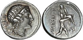 RÉPUBLIQUE ROMAINE
Herennia, Marcus Herennius. Denier ND (108-107 av. J.-C.), Rome. RRC.308/1b ; Argent - 3,95 g - 18 mm - 11 h
Avec .X de contrôle au...