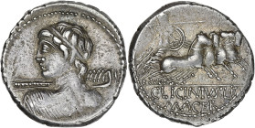 RÉPUBLIQUE ROMAINE
C. Licinius Macer. Denier ND (84 av. J.-C.), Rome. RRC.354/1 ; Argent - 4,23 g - 20 mm - 8 h
TTB à Superbe.