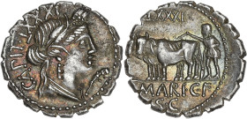 RÉPUBLIQUE ROMAINE
C. Marius C.f. Capito. Denier serratus ND (81 av. J.-C.), Rome. RRC.378/1c ; Argent - 3,78 g - 18,5 mm - 11 h
Avec LXXX. Superbe.