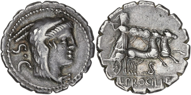 RÉPUBLIQUE ROMAINE
Procilia, Lucius Procilius. Denier serratus ND (80 av. J.-C.)...