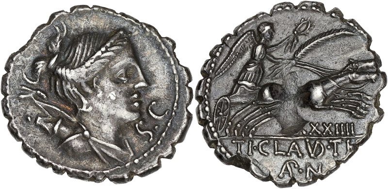 RÉPUBLIQUE ROMAINE
Ti. Claudius Ti.f. Ap.n. Nero. Denier serratus ND (79 av. J.-...