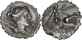 RÉPUBLIQUE ROMAINE
Ti. Claudius Ti.f. Ap.n. Nero. Denier serratus ND (79 av. J.-C.), Rome. RRC.383/1 ; Argent - 3,81 g - 18,5 mm - 6 h
Avec XXIIII. Su...
