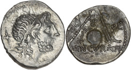 RÉPUBLIQUE ROMAINE
Cn. Cornelius Lentulus Clodianus. Denier ND (76-75 av. J.-C.), Espagne. RRC.393/1b ; Argent - 3,88 g - 19 mm - 5 h
Superbe.