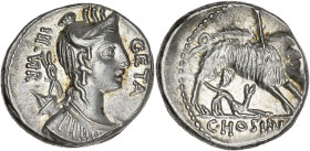 RÉPUBLIQUE ROMAINE
Hosidia, Caius Hosidius Geta. Denier ND (68 av. J.-C.), Rome. RRC.407/2 ; Argent - 4,01 g - 16 mm - 6 h
Superbe.