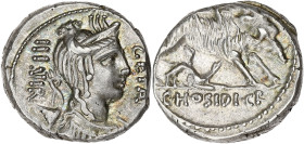 RÉPUBLIQUE ROMAINE
Hosidia, Caius Hosidius Geta. Denier ND (68 av. J.-C.), Rome. RRC.407/2 ; Argent - 4,03 g - 16 mm - 6 h
Superbe.