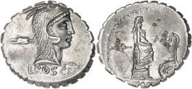 RÉPUBLIQUE ROMAINE
L. Roscius Fabatus. Denier serratus ND (64 av. J.-C.), Rome. RRC.412/1 ; Argent - 3,94 g - 17,5 mm - 6 h
Superbe.