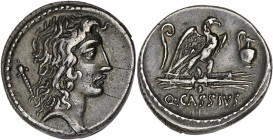RÉPUBLIQUE ROMAINE
Cassia, Q. Cassius Longinus. Denier ND (55 av. J.-C.), Rome. RRC.428/3 ; Argent - 4,03 g - 18 mm - 3 h
Belle patine. TTB à Superbe....