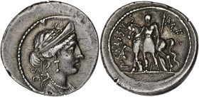 RÉPUBLIQUE ROMAINE
P. Crassus M.f. Denier ND (55 av. J.-C.), Rome. RRC.430/1 ; Argent - 3,74 g - 20 mm - 5 h
Légèrement décentré au droit. Belle patin...