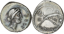 RÉPUBLIQUE ROMAINE
Sicinia, Quintus Sicinius. Denier ND (49 av. J.-C.), Rome. RRC.440/1 ; Argent - 3,52 g - 17,5 mm - 1 h
Contremarque au droit. Légèr...