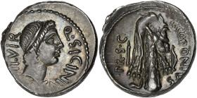 RÉPUBLIQUE ROMAINE
Sicinia, Quintus Sicinius et C. Coponius. Denier ND (49 av. J.-C.), atelier itinérant. RRC.444/1a ; Argent - 3,88 g - 18 mm - 5 h
B...