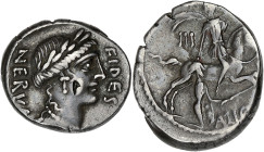 RÉPUBLIQUE ROMAINE
Licinia, A. Licinius Nerva. Denier ND (47 av. J.-C.), Rome. RRC.454/1 ; Argent - 3,84 g - 16 mm - 2 h
Contremarque au droit. Patine...