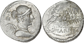 RÉPUBLIQUE ROMAINE
T. Carisius. Denier ND (46 av. J.-C.), Rome. RRC.464/5 ; Argent - 4,06 g - 19 mm - 6 h
Superbe.