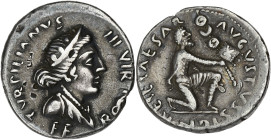 EMPIRE ROMAIN
Auguste (27 av. J.-C. - 14 ap. J.-C.). Denier avec P. Petronius Turpilianus 18 av. J.-C., Rome. RIC.99 ; Argent - 3,81 g - 19 mm - 9 h
A...