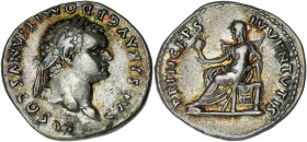 EMPIRE ROMAIN
Domitien César (69-81). Denier 79, Rome. RIC.244 ; Argent - 3,37 g - 18 mm - 6 h
Belle patine aux reflets dorés. TTB à Superbe.