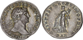 EMPIRE ROMAIN
Trajan (98-117). Denier 105, Rome. RIC.102 ; Argent - 3,38 g - 19 mm - 6 h
Patine grise aux reflets dorés. Superbe.