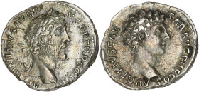 EMPIRE ROMAIN
Antonin le Pieux (138-161). Denier avec le jeune Marc Aurèle 140, Rome. RIC.417 ; Argent - 3,19 g - 16,5 mm - 6 h
Patine grise aux refle...