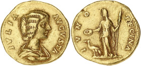 EMPIRE ROMAIN
Julia Domna (193-211). Aureus ND (196-211), Rome. Calicó 2618 ; Or - 7,19 g - 19 mm - 12 h
Trace de réparation au-dessus du buste avec u...