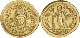 EMPIRE BYZANTIN
Basiliscus (475-476). Solidus 475-476, Constantinople, 4e officine. RIC.1024 ; Or - 4,42 g - 20,5 mm - 6 h
Minimes plats. TTB à Superb...