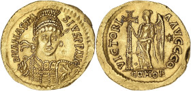 EMPIRE BYZANTIN
Anastase Ier (491-518). Solidus ND (491-498), Constantinople, 9e officine. BC.3 ; Or - 4,39 g - 19,5 mm - 6 h
Deux petits chocs au rev...