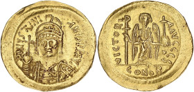 EMPIRE BYZANTIN
Justinien (527-565). Solidus 542-552, Constantinople, 6e officine. BC.140 ; Or - 4,40 g - 20 mm - 6 h
Quelques faiblesses de frappe. P...