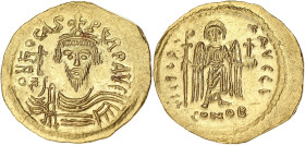 EMPIRE BYZANTIN
Phocas (602-610). Solidus ND (607-610), Constantinople, 10e officine. BC.616 ; Or - 4,34 g - 21 mm - 6 h
Superbe à Fleur de coin.