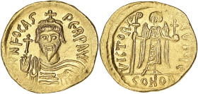 EMPIRE BYZANTIN
Phocas (602-610). Solidus ND (607-610), Constantinople, 5e officine. BC.616 ; Or - 4,51 g - 20 mm - 6 h
Superbe.