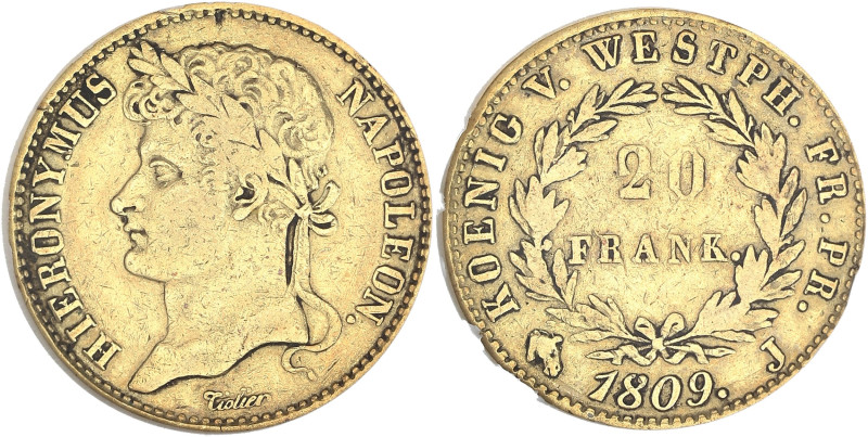 ALLEMAGNE
Westphalie, Jérôme Napoléon (1807-1813). 20 franken Or 1809, Cassel. G...