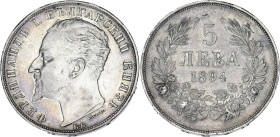 BULGARIE
Alexandre I (1879-1886). 5 leva 1894, KB, Kremnitz. KM.18 ; Argent - 24,93 g - 37 mm - 6 h
Reste de brillant dans les légendes. Beau TTB.
