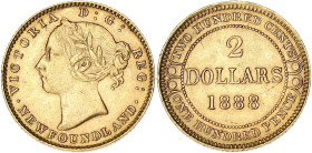 CANADA
Victoria (1837-1901). 2 dollars Newfoundland 1888. Fr.1 ; Or - 3,30 g - 18 mm - 6 h
Rare module ! Beau TTB.