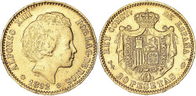 ESPAGNE
Alphonse XIII (1886-1931). 20 pesetas, buste adolescent 1892 PG, M, Madrid. Aureo & Calicó 115 ; Or - 6,39 g - 21 mm - 6 h
Anciennement nettoy...