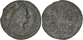 FRANCE / CAPÉTIENS
Louis XIV (1643-1715). Liard au buste âgé, 3e type 1693, S, Reims. Dy.1589 - G.81 - C2G.214 ; Cuivre - 3,32 g - 21 mm - 6 h
Trèfle ...