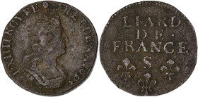 FRANCE / CAPÉTIENS
Louis XIV (1643-1715). Liard au buste âgé, 3e type 1693, S, Reims. Dy.1589 - G.81 - C2G.214 b1 ; Cuivre - 3,34 g - 21 mm - 6 h
Sole...