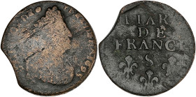 FRANCE / CAPÉTIENS
Louis XIV (1643-1715). Liard au buste âgé, 3e type 1695 ?, S, Reims. Dy.1589 - G.81 - C2G.214 b1 (0 exemplaire) ; Cuivre - 3,35 g -...