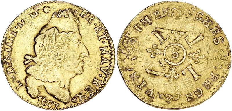 FRANCE / CAPÉTIENS
Louis XIV (1643-1715). Louis d’or aux quatre L 1697, S, Reims...