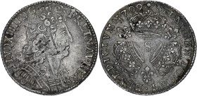 FRANCE / CAPÉTIENS
Louis XIV (1643-1715). Quart d’écu aux trois couronnes 1709, S, Reims. Dy.1570 - G.165 ; Argent - 7,6 g - 28 mm - 6 h
Variété avec ...