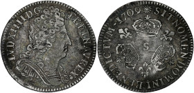 FRANCE / CAPÉTIENS
Louis XIV (1643-1715). Dixième d’écu aux trois couronnes 1709, S, Reims. Dy.1571 - G.125 ; Argent - 2,95 g - 22 mm - 6 h
Variété av...