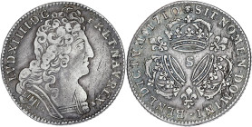 FRANCE / CAPÉTIENS
Louis XIV (1643-1715). Quart d’écu aux trois couronnes 1710, S, Reims. Dy.1570 - G.165 ; Argent - 7,46 g - 28 mm - 6 h
Usure réguli...