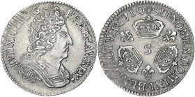 FRANCE / CAPÉTIENS
Louis XIV (1643-1715). Dixième d’écu aux trois couronnes 1711, S, Reims. Dy.1571 - G.125 ; Argent - 2,97 g - 22 mm - 6 h
De fines s...