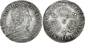 FRANCE / CAPÉTIENS
Louis XIV (1643-1715). Dixième d’écu aux trois couronnes 1711, S, Reims. Dy.1571 - G.125 ; Argent - 3,07 g - 22 mm - 6 h
Stries d’a...