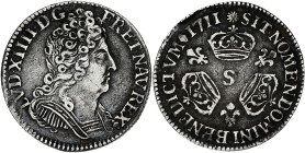 FRANCE / CAPÉTIENS
Louis XIV (1643-1715). Dixième d’écu aux trois couronnes 1711, S, Reims. Dy.1571 - G.125 ; Argent - 2,96 g - 22 mm - 6 h
Avec une p...